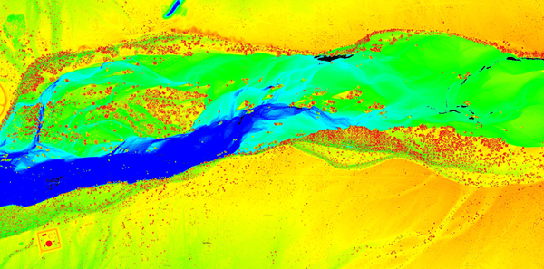 LiDAR of water flow channels, vegetation and land contours