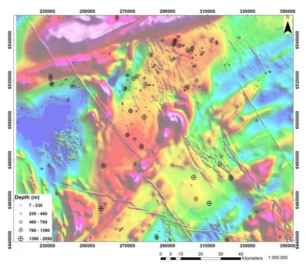 Magnetic mapping in mineral exploration - anomalies shown with depth